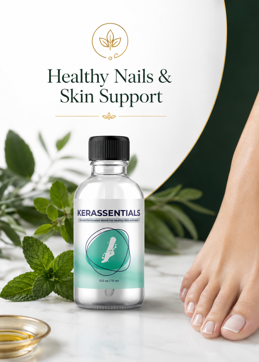 Vertical Kerassentials benefits image with healthy-looking foot nails, smooth skin and product bottle